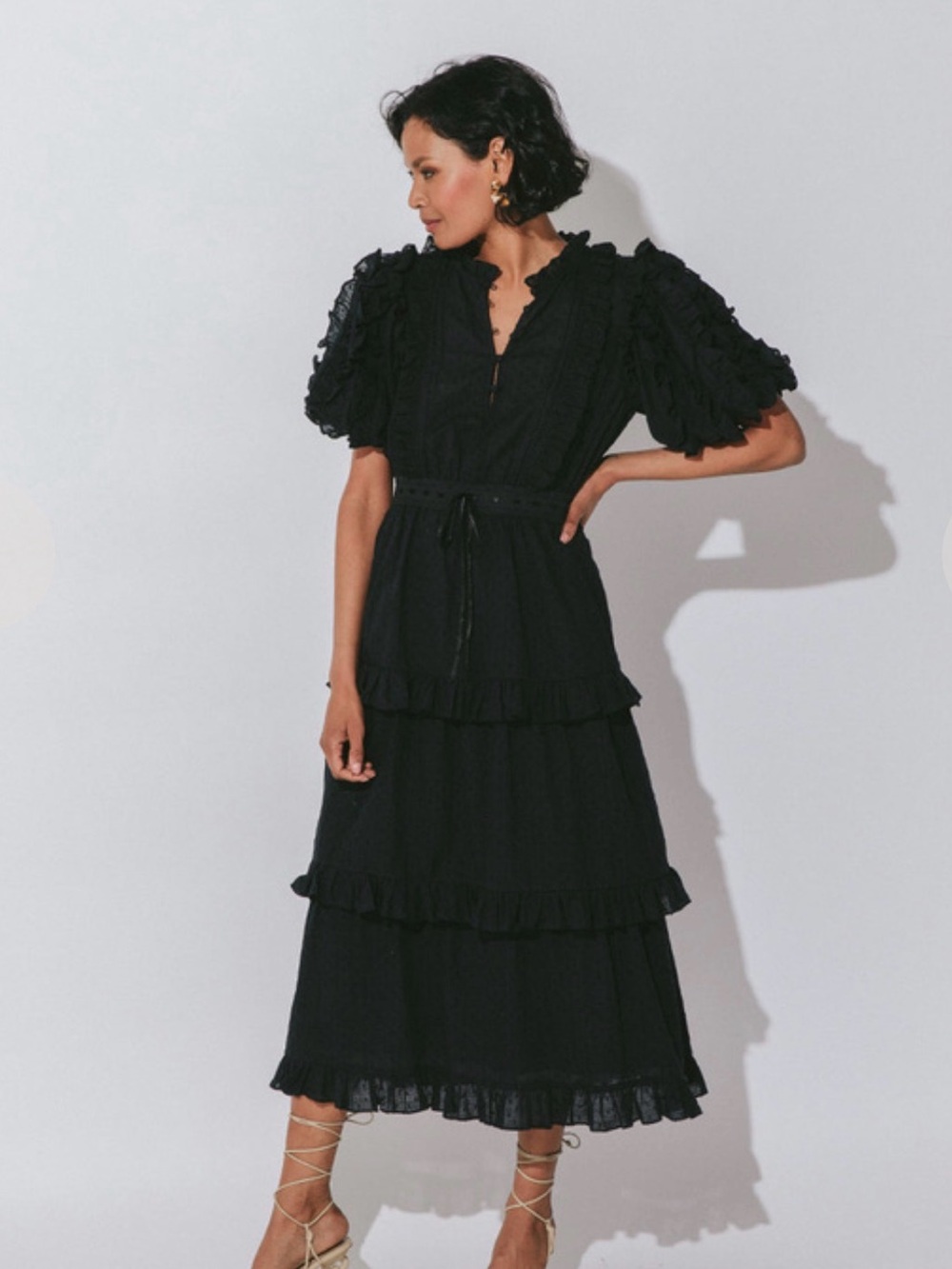 Cleobella Brigitte Ruffle Tiered Midi Dress Black